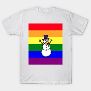 A hand drawn of a gay snowman on rainbow pride flag background, T-Shirt